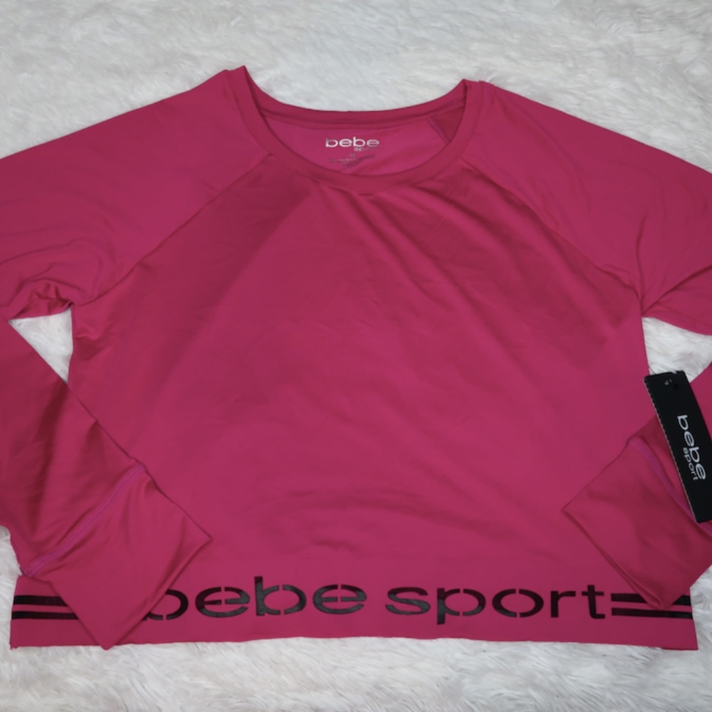 Bebe Sport Long Sleeve Crop Tee Fuschia BB2244H Size Medium